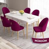 Canisa Concept Roz Serisi 80X132 Mdf Beyaz Mutfak Masa Takımı Doğal Ahşap Ayak Beyaz Kafes 6 Sandalye Gold Halka - Mürdüm