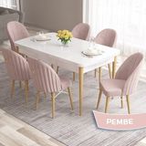 Canisa Concept Roz Serisi 80X132 Mdf Beyaz Mutfak Masa Takımı Doğal Ahşap Ayak Beyaz Kafes 6 Sandalye Gold Halka - Pembe