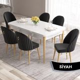 Canisa Concept Roz Serisi 80X132 Mdf Beyaz Mutfak Masa Takımı Doğal Ahşap Ayak Beyaz Kafes 6 Sandalye Gold Halka - Siyah
