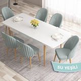Canisa Concept Roz Serisi 80X132 Mdf Beyaz Mutfak Masa Takımı Doğal Ahşap Ayak Beyaz Kafes 6 Sandalye Gold Halka - Su Yeşili