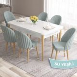 Canisa Concept Roz Serisi 80X132 Mdf Beyaz Mutfak Masası Takımı Beyaz Kafesli 6 Sandalye Gold Halkalı - Su Yeşili