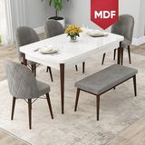Canisa Concept Rut Serisi MDF Açılabilir 80X132 Beyaz Masa Ceviz Ayak Mutfak Masası Takımı 4 Sandalye 1 Bench - Gri