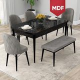 Canisa Concept Rut Serisi MDF Açılabilir 80X132 Siyah Mermer Desen Mutfak Masası Takımı 4 Sandalye 1 Bench - Gri