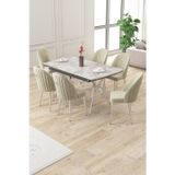 Canisa Concept Sim Serisi 89X150 Açılabilir Lak Panel Rampla Gri Krom Ayak Masa Takımı Ve 6 Krem Sandalye