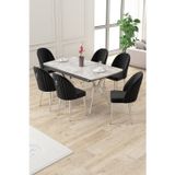 Canisa Concept Sim Serisi 89X150 Açılabilir Lak Panel Rampla Gri Krom Ayak Masa Takımı Ve 6 Siyah Sandalye