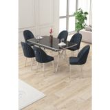 Canisa Concept Sim Serisi 89X150 Açılabilir Lak Panel Siyah Mermer Krom Ayak Masa Takımı Ve 6 Antrasit Sandalye
