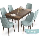 Canisa Concept Taç Serisi 80 x 132 cm Barok Ahşap Desen Mutfak Masası Takımı 6 Sandalye Gümüş Halkalı - 80x132 - Su Yeşili