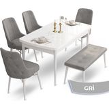 Canisa Concept Taç Serisi 80 x 132 cm Beyaz Mutfak Masa Takımı 4 Sandalye Gümüş Halkalı ve 1 Bench - 80x132 - Gri