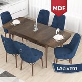 Canisa Concept Taç Serisi MDF 80 x 132 cm Barok Ahşap Desen Mutfak Masası Takımı 6 Sandalye Gümüş Halkalı - Lacivert - 80x132
