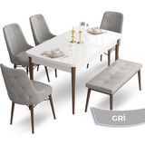 Canisa Concept Taç Serisi MDF 80 x 132 cm Beyaz Masa Ceviz Ayak Yemek Masası Takımı 4 Sandalye Gümüş Halkalı ve 1 Bench - Gri - 80x132