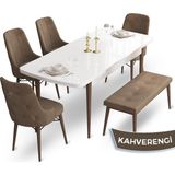 Canisa Concept Taç Serisi MDF 80 x 132 cm Beyaz Masa Ceviz Ayak Yemek Masası Takımı 4 Sandalye Gümüş Halkalı ve 1 Bench - Kahverengi - 80x132