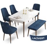 Canisa Concept Taç Serisi MDF 80 x 132 cm Beyaz Masa Ceviz Ayak Yemek Masası Takımı 4 Sandalye Gümüş Halkalı ve 1 Bench - Lacivert - 80x132