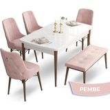 Canisa Concept Taç Serisi MDF 80 x 132 cm Beyaz Masa Ceviz Ayak Yemek Masası Takımı 4 Sandalye Gümüş Halkalı ve 1 Bench - Pembe - 80x132