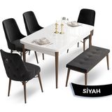 Canisa Concept Taç Serisi MDF 80 x 132 cm Beyaz Masa Ceviz Ayak Yemek Masası Takımı 4 Sandalye Gümüş Halkalı ve 1 Bench - Siyah - 80x132