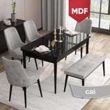 Canisa Concept Taç Serisi MDF 80 x 132 cm Siyah Mermer Desen Masa Takımı 4 Sandalye Gümüş Halkalı ve 1 Bench - Gri - 80x132