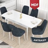 Canisa Concept Taç Serisi, MDF Açılabilir 80X132 Beyaz Yemek Odası Takımı , 6 Sandalye Gold Halkalı - Antrasit