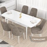 Canisa Concept Taç Serisi, MDF Açılabilir 80X132 Beyaz Yemek Odası Takımı , 6 Sandalye Gold Halkalı - Cappucino
