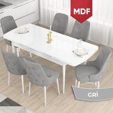 Canisa Concept Taç Serisi MDF Açılabilir 80X132 Beyaz Yemek Odası Takımı , 6 Sandalye Gold Halkalı - Gri