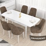 Canisa Concept Taç Serisi, MDF Açılabilir 80X132 Beyaz Yemek Odası Takımı , 6 Sandalye Gold Halkalı - Kahverengi