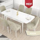 Canisa Concept Taç Serisi, MDF Açılabilir 80X132 Beyaz Yemek Odası Takımı , 6 Sandalye Gold Halkalı - Krem