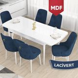 Canisa Concept Taç Serisi, MDF Açılabilir 80X132 Beyaz Yemek Odası Takımı , 6 Sandalye Gold Halkalı - Lacivert