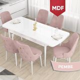 Canisa Concept Taç Serisi, MDF Açılabilir 80X132 Beyaz Yemek Odası Takımı , 6 Sandalye Gold Halkalı - Pembe