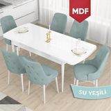 Canisa Concept Taç Serisi, MDF Açılabilir 80X132 Beyaz Yemek Odası Takımı , 6 Sandalye Gold Halkalı - Su Yeşili