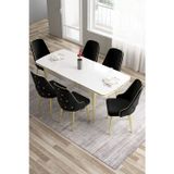 Canisa Concept Tia Serisi 80X132 Açılabilir Mdf Beyaz Yemek Odası Takımı 6 Siyah Sandalye Gold Detay