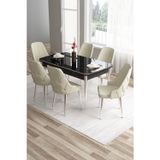 Canisa Concept Tia Serisi 80X132 Açılabilir Mdf Siyah Mermer Desen Krom Detay Yemek Odası Takımı Ve 6 Krem Sandalye