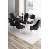 Canisa Concept Tia Serisi 80X132 Açılabilir Mdf Siyah Mermer Krom Detay Yemek Odası Takımı Ve 6 Antrasit Sandalye