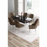 Canisa Concept Tia Serisi 80X132 Açılabilir Mdf Siyah Mermer Krom Detay Yemek Odası Takımı Ve 6 Kahverengi Sandalye