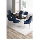 Canisa Concept Tia Serisi 80X132 Açılabilir Mdf Siyah Mermer Krom Detay Yemek Odası Takımı Ve 6 Lacivert Sandalye
