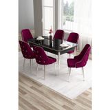 Canisa Concept Tia Serisi 80X132 Açılabilir Mdf Siyah Mermer Krom Detay Yemek Odası Takımı Ve 6 Mürdüm Sandalye