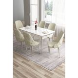 Canisa Concept Tia Serisi 80X132 Açılabilir Mdf Yemek Odası Takımı Krom Detay Beyaz Masa Ve 6 Krem Sandalye