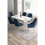 Canisa Concept Tia Serisi 80X132 Açılabilir Mdf Yemek Odası Takımı Krom Detay Beyaz Masa Ve 6 Lacivert Sandalye