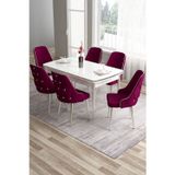Canisa Concept Tia Serisi 80X132 Açılabilir Mdf Yemek Odası Takımı Krom Detay Beyaz Masa Ve 6 Mürdüm Sandalye