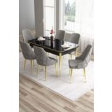 Canisa Concept Tia Serisi 80x132 Mdf Açılabilir Siyah Mermer Desen Gold Detay Masa Takımı Ve 6 Gri Sandalye