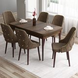 Canisa Concept Tia Serisi, Barok Ahşap Desen 80X132 Açılabilir Mdf Yemek Odası Takımı 6 Sandalye Gold Detay - Kahverengi