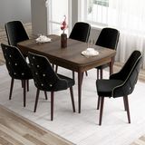 Canisa Concept Tia Serisi, Barok Ahşap Desen 80X132 Açılabilir Mdf Yemek Odası Takımı 6 Sandalye Gold Detay - Siyah