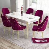 Canisa Concept Tia Serisi Beyaz Masa 80 x 132 cm Açılabilir Mdf Yemek Odası Takımı 6 Sandalye Gold Detay - 80x132 - Mürdüm