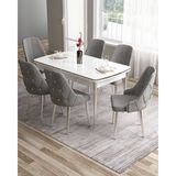 Canisa Concept Tia Serisi Beyaz Masa 80 x 132 cm Açılabilir Mdf Yemek Odası Takımı 6 Sandalye Gümüş Detay - 80x132 - Gri