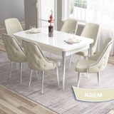 Canisa Concept Tia Serisi Beyaz Masa 80 x 132 cm Açılabilir Mdf Yemek Odası Takımı 6 Sandalye Gümüş Detay - 80x132 - Krem