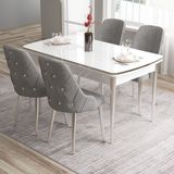 Canisa Concept Tia Serisi, Beyaz MASA,80X132 Açılabilir Mdf Mutfak Masa Takımı 4 Sandalye Gümüş Detay - Gri