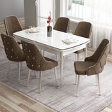 Canisa Concept Tia Serisi, Beyaz MASA,80X132 Açılabilir Mdf Yemek Odası Takımı 6 Sandalye Gümüş Detay - Kahverengi
