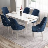 Canisa Concept Tia Serisi, Beyaz MASA,80X132 Açılabilir Mdf Yemek Odası Takımı 6 Sandalye Gümüş Detay - Lacivert