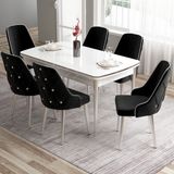 Canisa Concept Tia Serisi, Beyaz MASA,80X132 Açılabilir Mdf Yemek Odası Takımı 6 Sandalye Gümüş Detay - Siyah