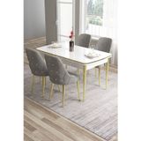 Canisa Concept Tia Serisi Mdf 80X132 Açılabilir Beyaz Gold Detay Yemek Masası Takımı Ve 4 Gri Sandalye