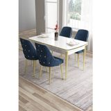 Canisa Concept Tia Serisi Mdf 80X132 Açılabilir Beyaz Gold Detay Yemek Masası Takımı Ve 4 Lacivert Sandalye
