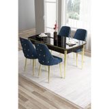 Canisa Concept Tia Serisi, Siyah Mermer 80X132 Açılabilir Mdf Yemek Odası Takımı 4 Lacivert Sandalye Gold Detay