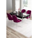 Canisa Concept Tia Serisi, Siyah Mermer 80X132 Açılabilir Mdf Yemek Odası Takımı 4 Mürdüm Sandalye Gümüş Detay